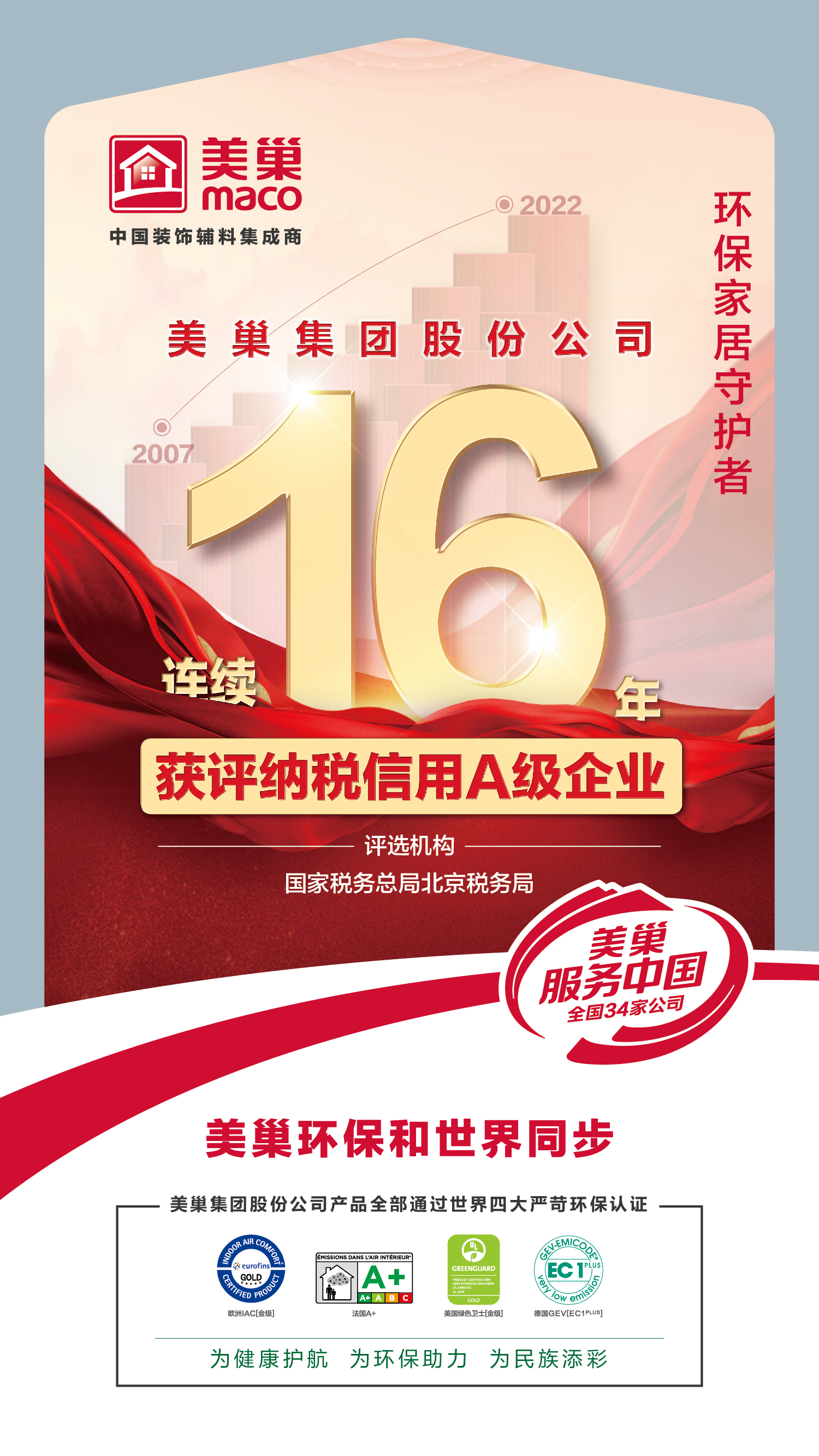 厚植誠(chéng)信文化，美巢連續(xù)16年獲評(píng)納稅信用A級(jí)企業(yè)